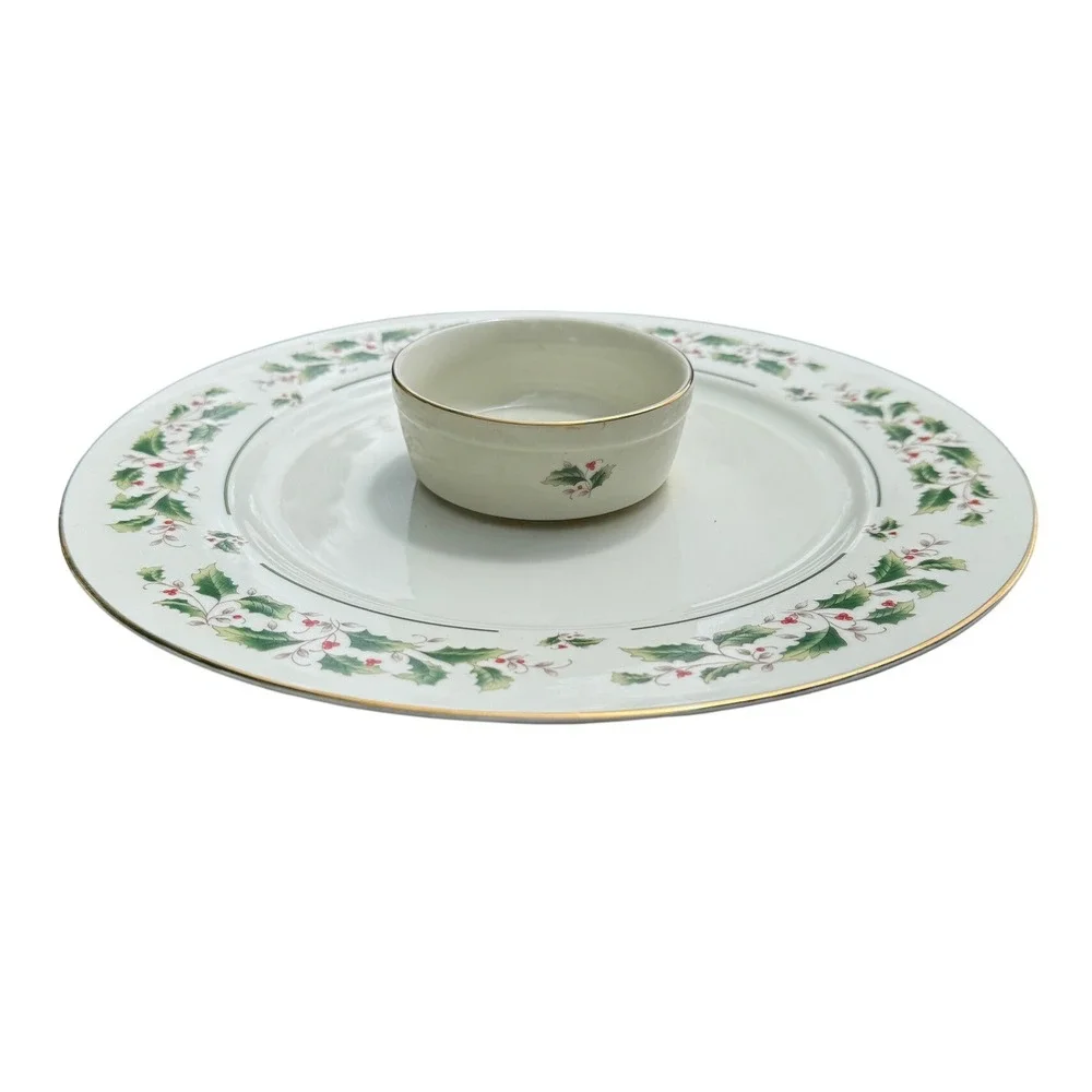Fine China Japan Christmas Holly Berry Chip‎ and Dip Serving Set Gold Trim 1pc